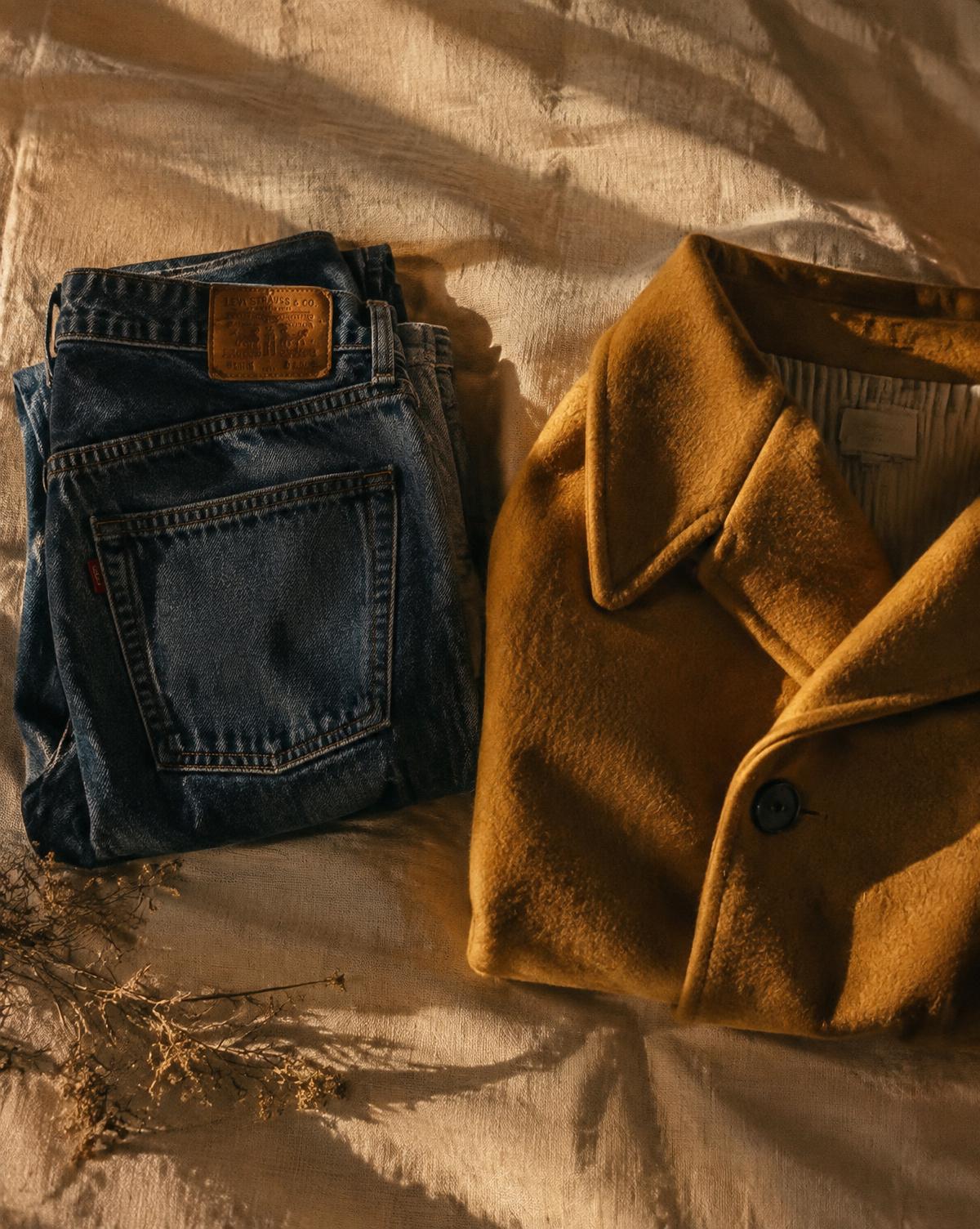 Overhead flat lay of folded vintage denim and a mustard wool coat on cream linen, in warm evening light